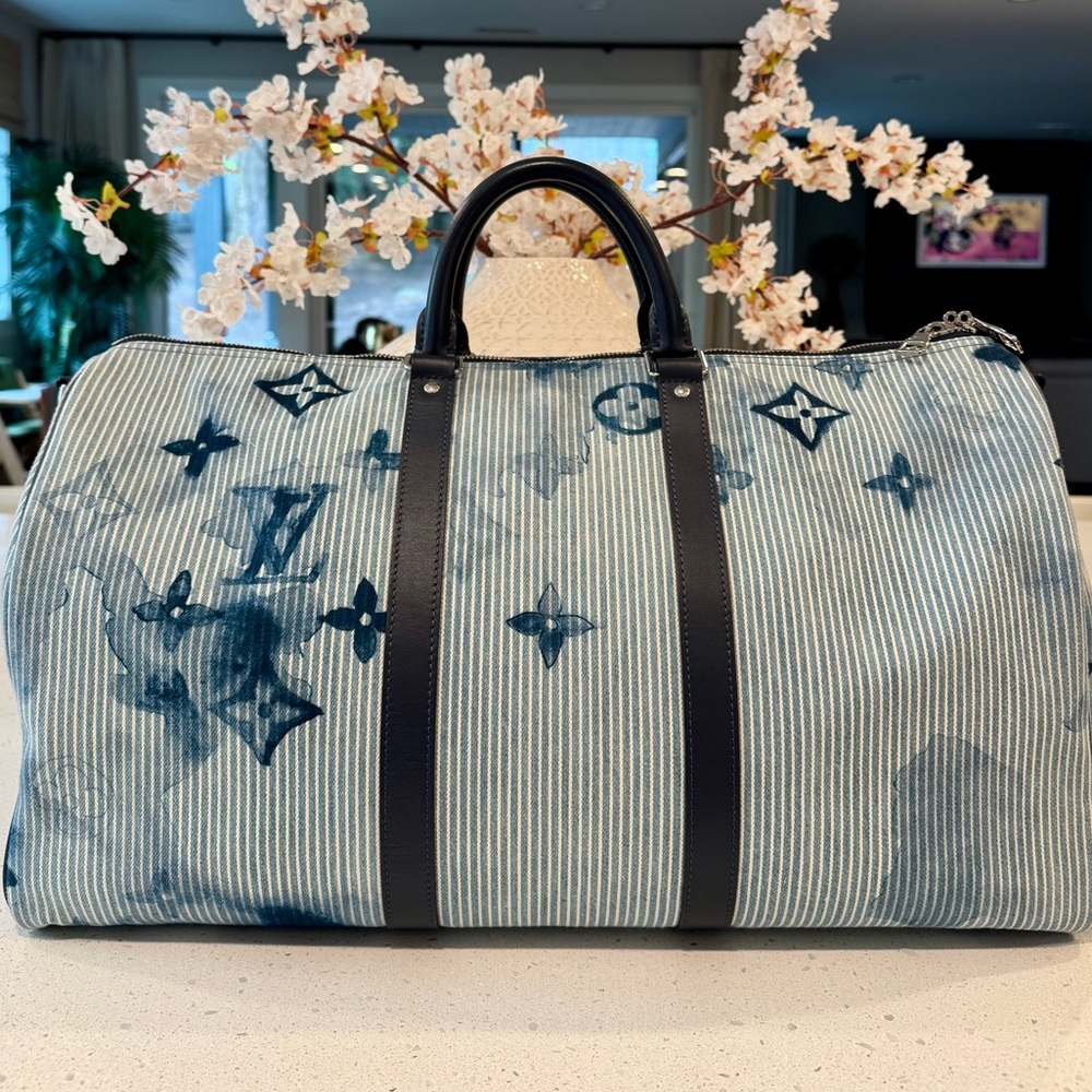 Louis Vuitton Virgil Abloh Blue Watercolor Monogram Denim Keepall Bandoulière 50 - Picture 2 of 13